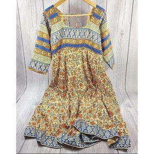 Indian Boho Long Dress Bohemian Ethnic Floral Vintage Sari Maxi Dress Beige Blue